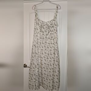 White Floral Slip Dress with Olive Green Print